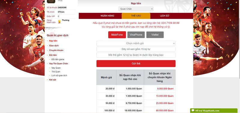 nạp tiền thapthanh qua thẻ cào