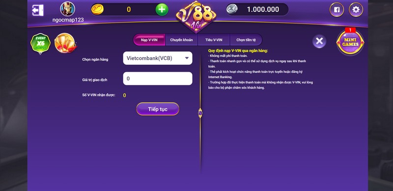 nạp tiền v88 Vin tối đa là 100 triệu/ lần